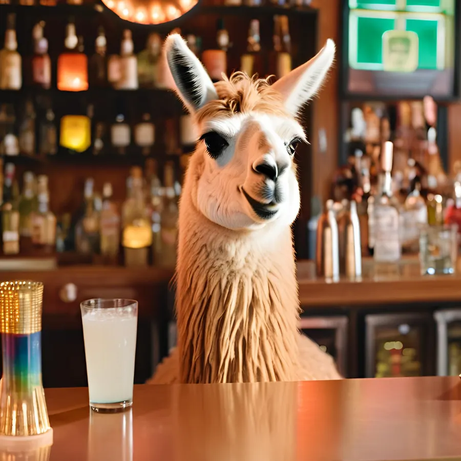A llama behind a bar counter